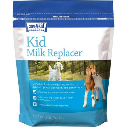 Sav-A-Caf Sav-A-Kid Goat Milk Replacer 8 Pound bag front view premium livestock feed.