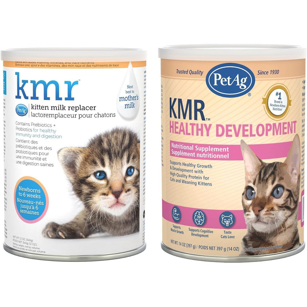 PetAg KMR Kitten Milk Replacer and Healthy Development canisters front view