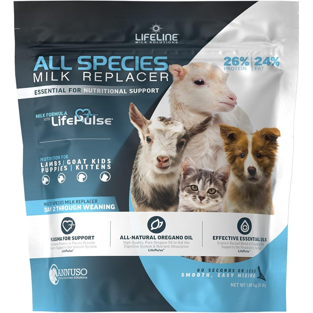 Annuso Lifeline All Species Milk Replacer four pound bag front view showing pet milk formula packaging.