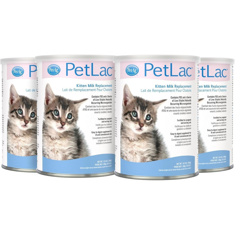 PetAg PetLac Kitten Milk Replacement Powder four pack front view showing packaging canister