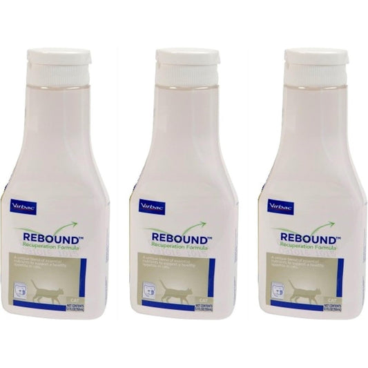 R-Lake Virbac Rebound Recuperation Formula Feline three pack front view highlighting the liquid recovery pet supplement bottles.