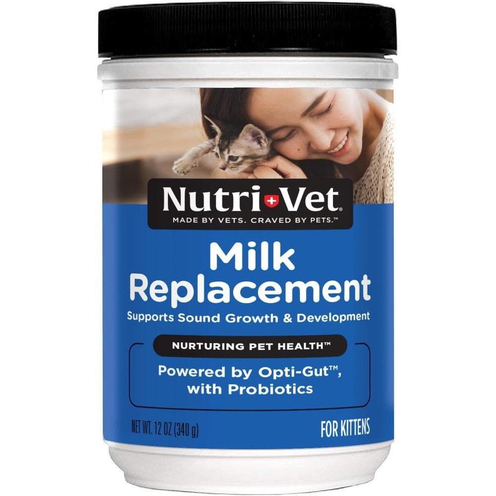 Nutri-Vet Milk Replacer for Kittens 12 Ounce front view container with blue label.