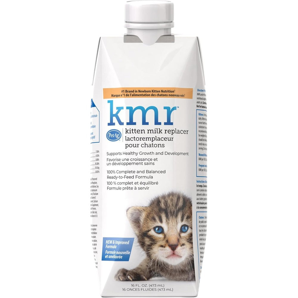PetAg KMR Kitten Milk Replacer Liquid front view packaging showing ready to feed formula benefits.
