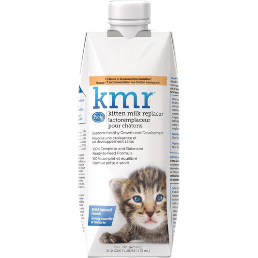 PetAg KMR Kitten Milk Replacer Liquid front view packaging showing ready to feed formula benefits.