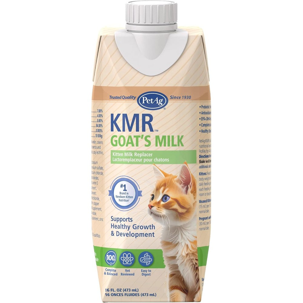 PetAg KMR Goat's Milk Kitten Milk Replacer Liquid 16 Ounce packaging front view for newborn kitten care.