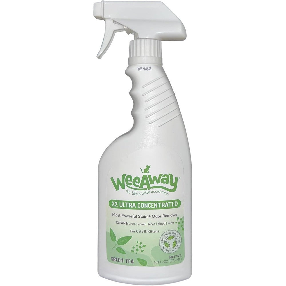 Wee Away X2 Cat Urine Stain and Odor Remover front view of sixteen fluid ounce bottle