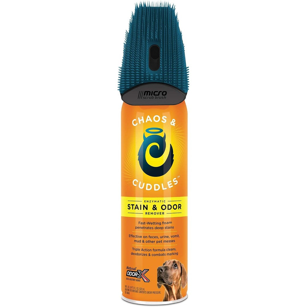 Chaos & Cuddles pet stain and odor remover front view of 18 fluid ounce aerosol can with red brush cap