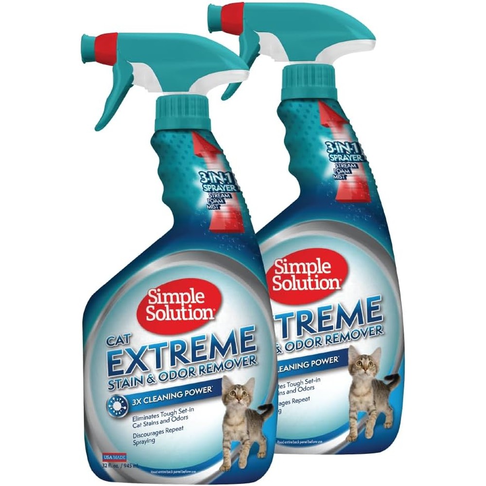 Simple Solution Extreme Cat Stain and Odor Eliminator front view of the thirty two fluid ounce spray bottles pack of two
