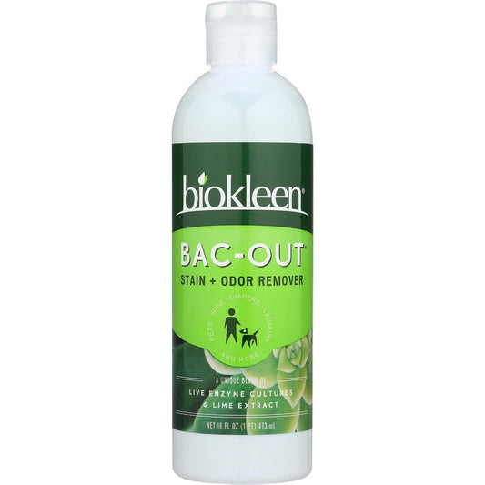 Biokleen Bac-Out Stain and Odor Remover 16 Ounce bottle front view showing eco-friendly plant-based enzyme cleaner.