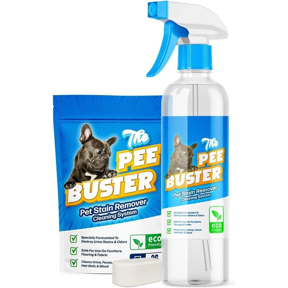 The Pee Buster pet stain remover refillable bottle and five tablets front view