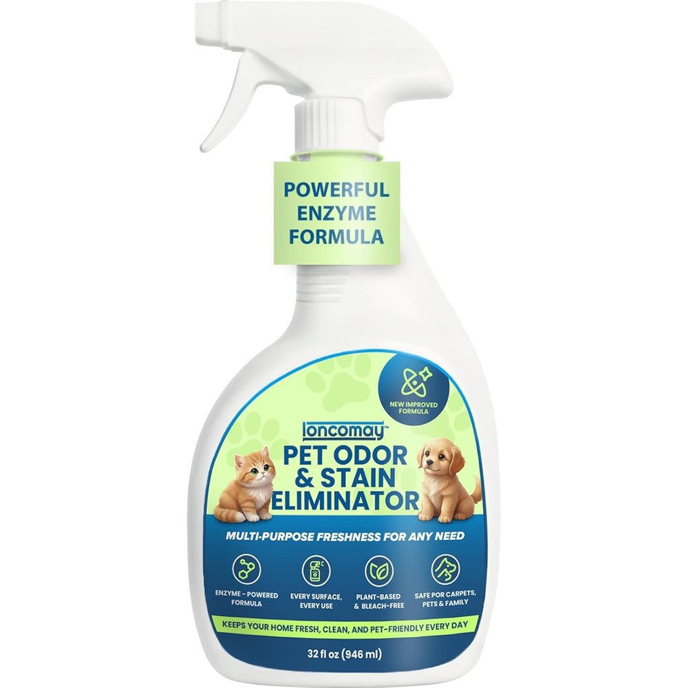 Loncomay Pet Stain and Odor Eliminator front view of the thirty two ounce spray bottle