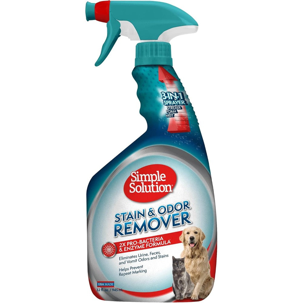 Simple Solution pet stain and odor eliminator front view spray bottle packaging.