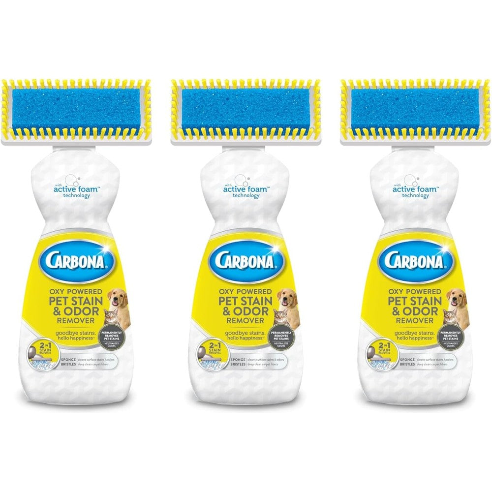 Carbona Oxy Powered Pet Stain and Odor Remover front view showing the 2 in 1 brush applicator