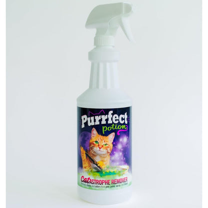 Purrfect Potion CATastrophe Remover 32 Ounce spray bottle front view showing product labeling.