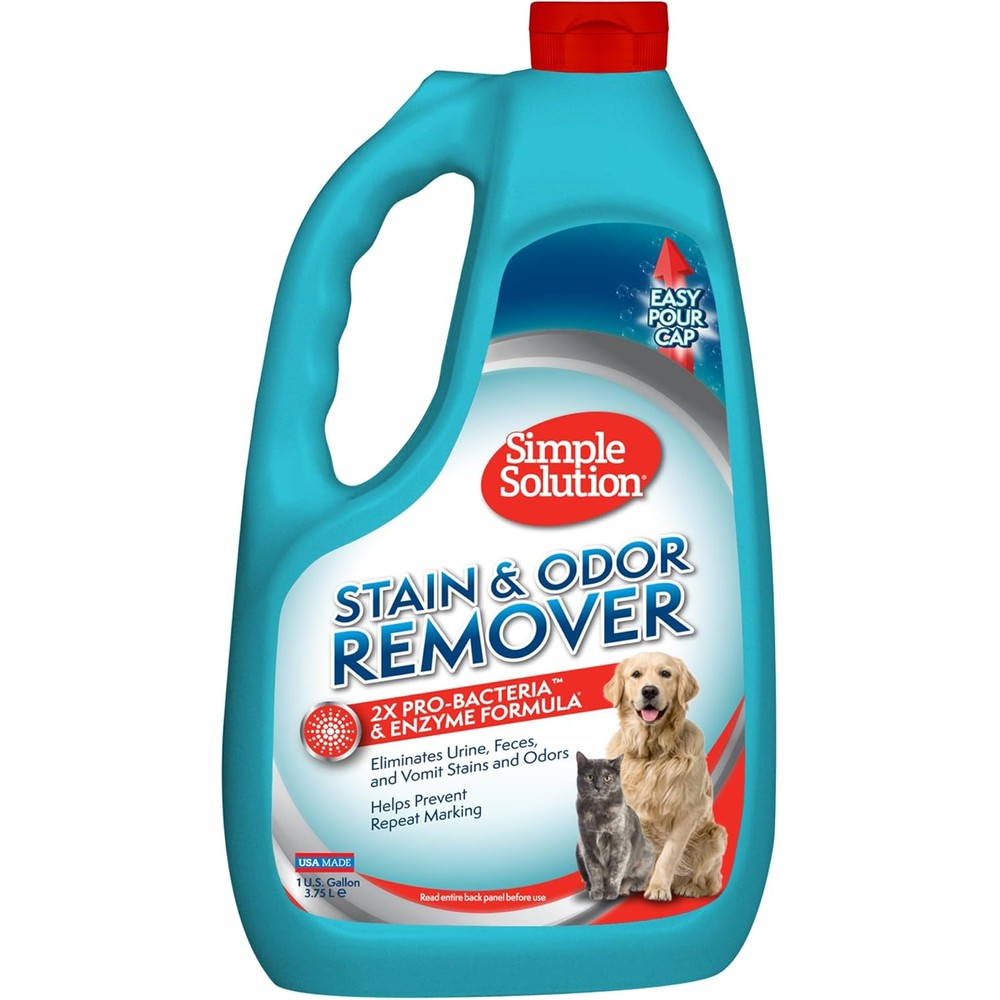 Simple Solution Stain and Odor Eliminator front view bottle packaging showing the enzyme pet cleaner.