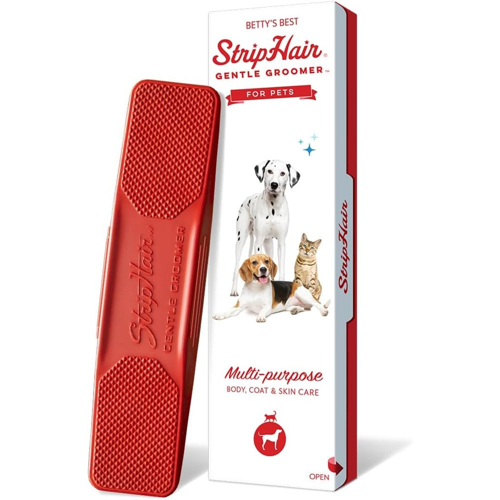 StripHair Gentle Groomer soft red pet tool front view