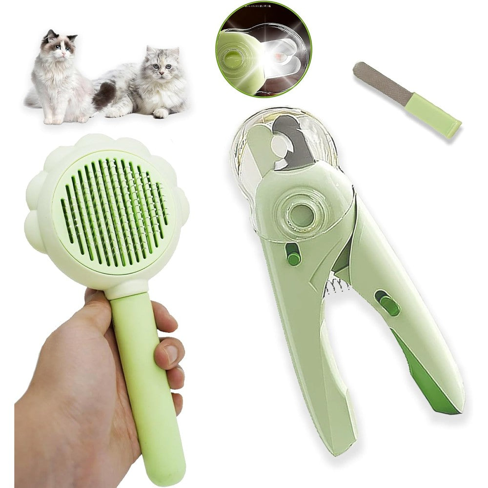 Lifmegik 3 Piece Cat Grooming Kit With LED Light Nail Clipper Trimmer Self Cleaning Slicker Brush And Nail File For Long Haired Cats - Image 1