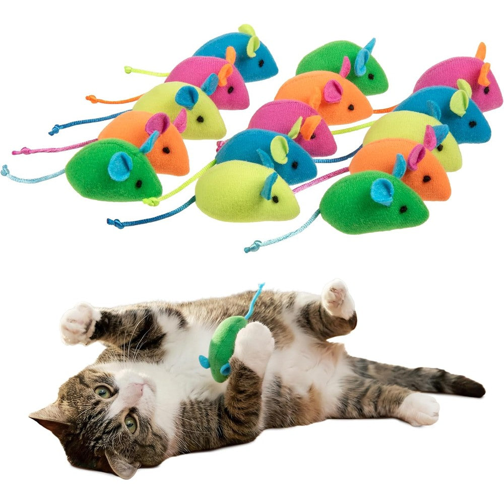 SmartyKat Skitter Critters Catnip Mice 15-pack front view showcasing multiple colorful plush mouse toys.