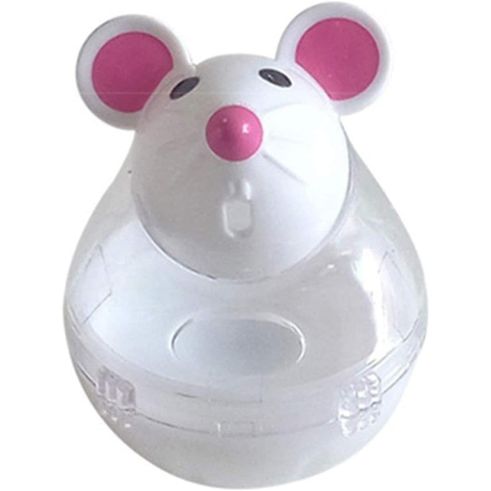 Juroicessry beige interactive mouse cat treat dispenser front view showing clear food storage ball