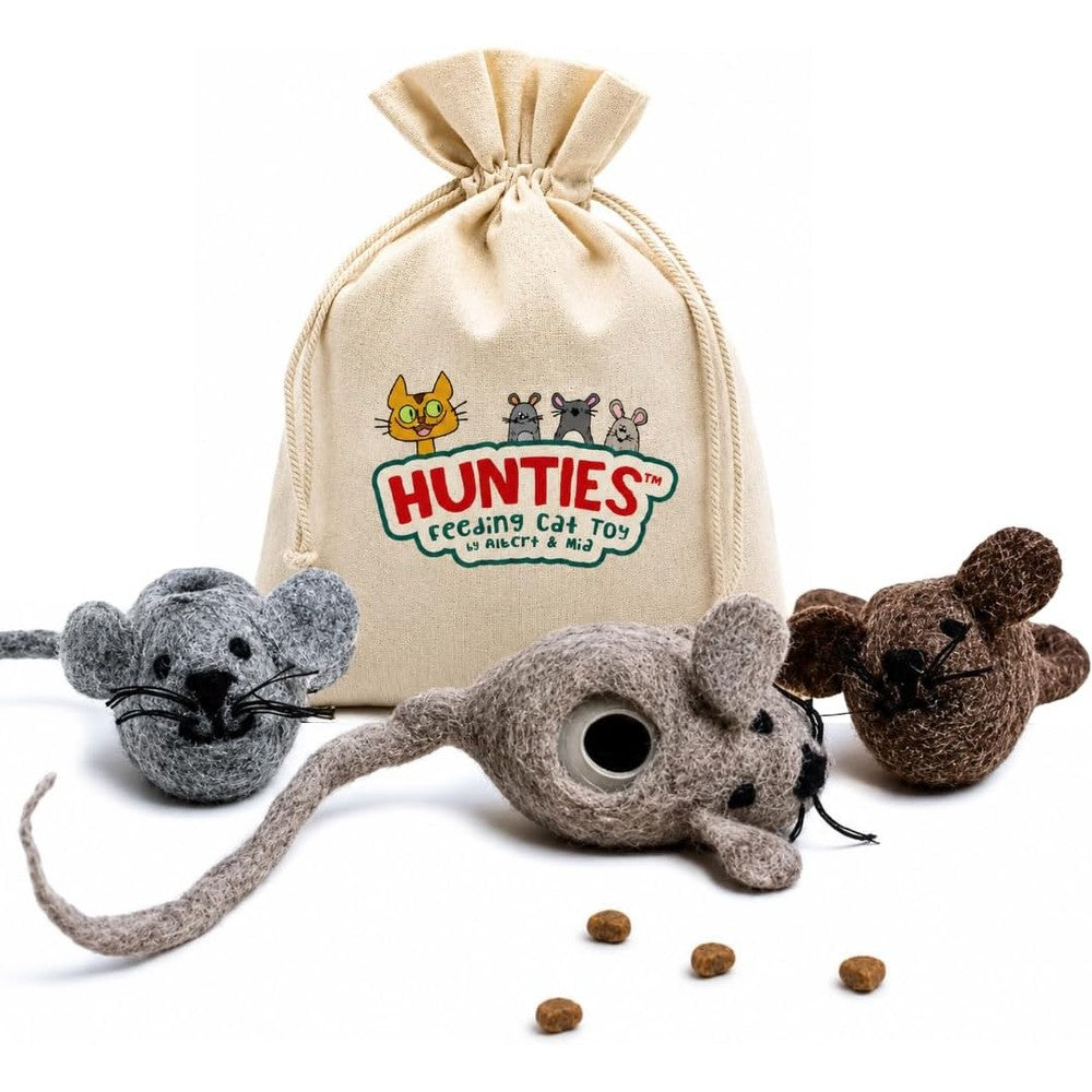 Albert & Mia Hunties cat treat puzzle dispenser toy front view showcasing the silicone base.