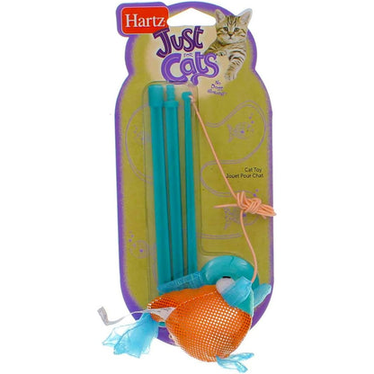 Hartz Just for Cats Gone Fishin cat toy front packaging view featuring the colorful plush fish lure.