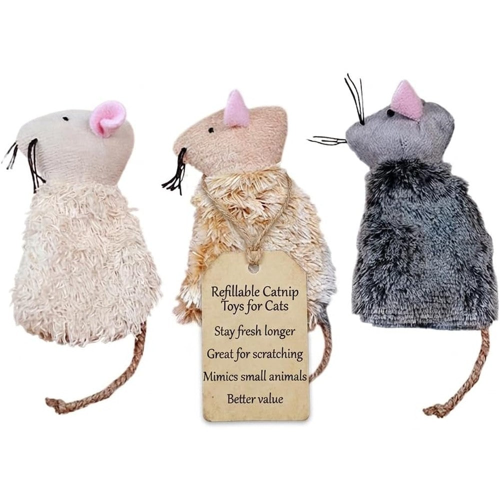 Ipetboom Refillable Catnip Cat Toys 3 Pack front view showing plush mouse body and jute tail.