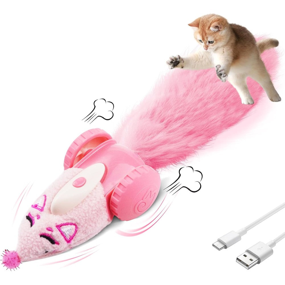 Migipaws Automatic Cat Toy Plush Mouse Interactive Smart Moving Kitten Toy With Fluffy Tail USB Rechargeable Battery Indoor Play Variant Pink - Image 1