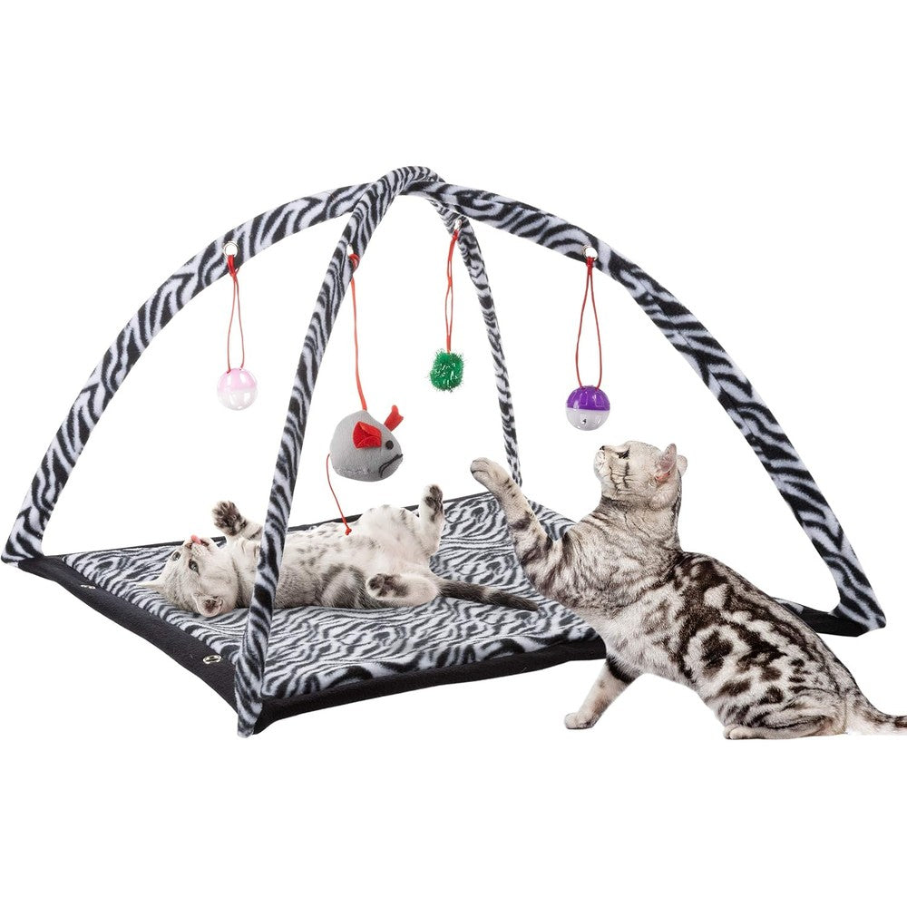 Petmaker cat activity center front view with zebra print mat and toys