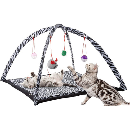 Petmaker Cat Activity Center front view featuring the zebra print fleece mat and hanging toys.