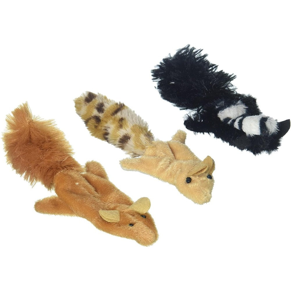 Spot Ethical Pets Skinneeez Forest Creatures pack of three showing front view of stuffingless cat toys