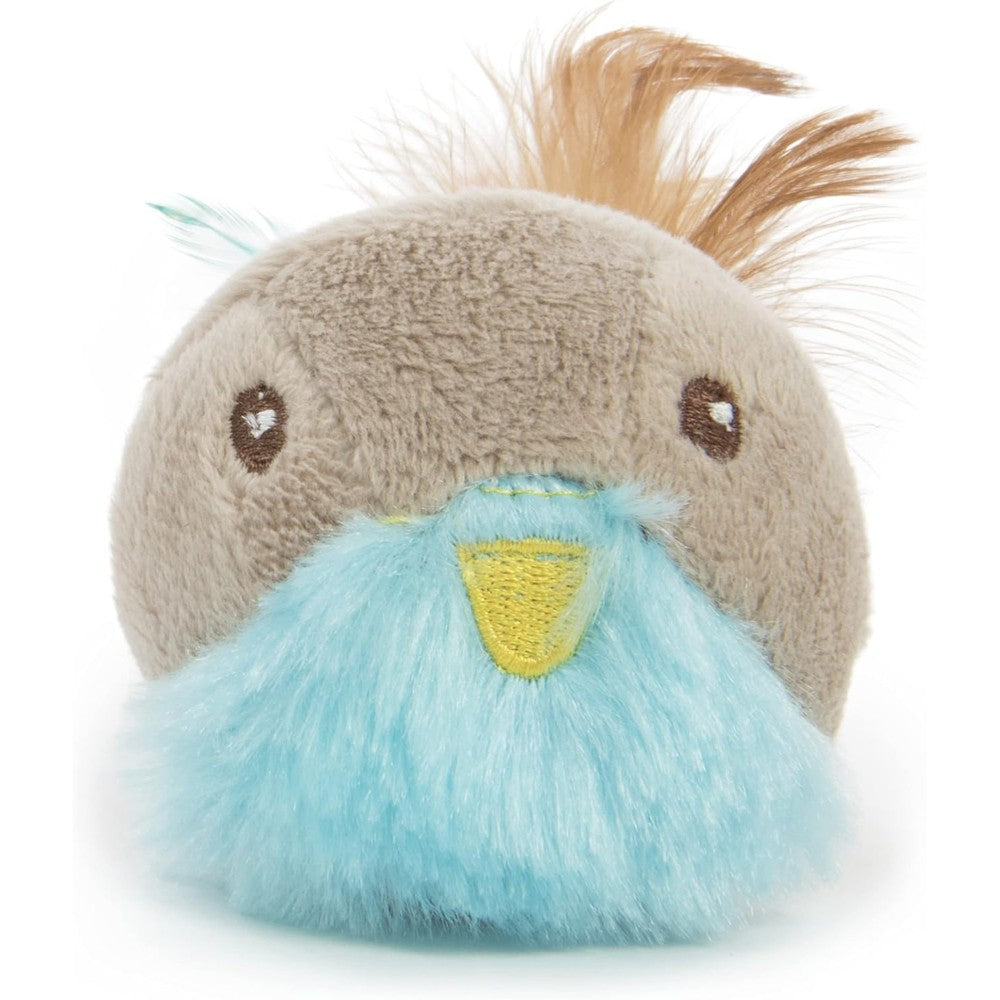 SmartyKat Chit Chatter Electronic Sound Cat Toy front view showing plush body and feathers.