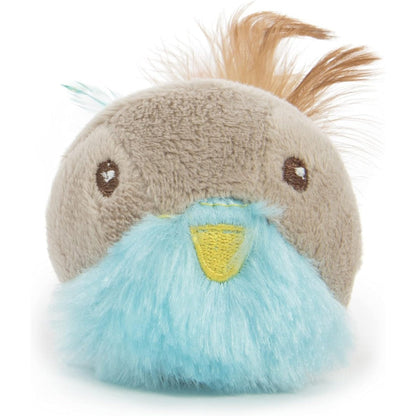 SmartyKat Chit Chatter Electronic Sound Cat Toy front view showing plush body and feathers.