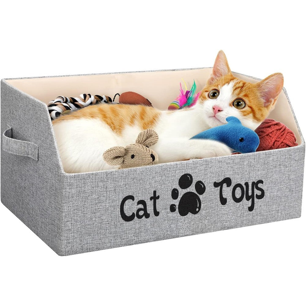 LOVSTORAGE large cat toy bin in grey showing the front view for pet accessory organization