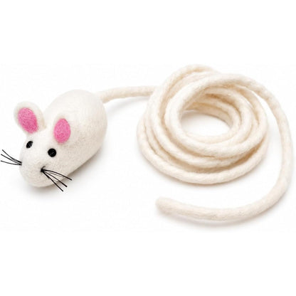 Glaciart One Felt Mouse Cat Toy front view showing the natural white wool body and pink felt ears