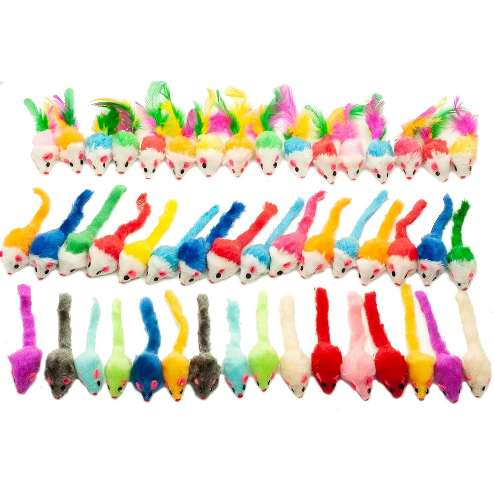 Fashion's Talk 48 Count Assorted Mice Cat Toys front view of bulk packaging.
