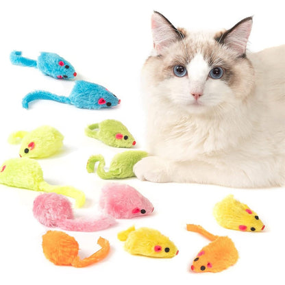 MeoHui Rattle Cat Mouse Toys twelve pack front view showing colorful faux fur mice