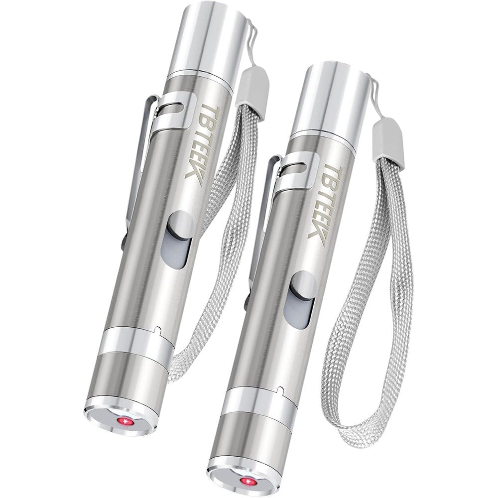 TBTeek Interactive Cat Toy pack of two front view showing metallic silver casing with wrist strap.