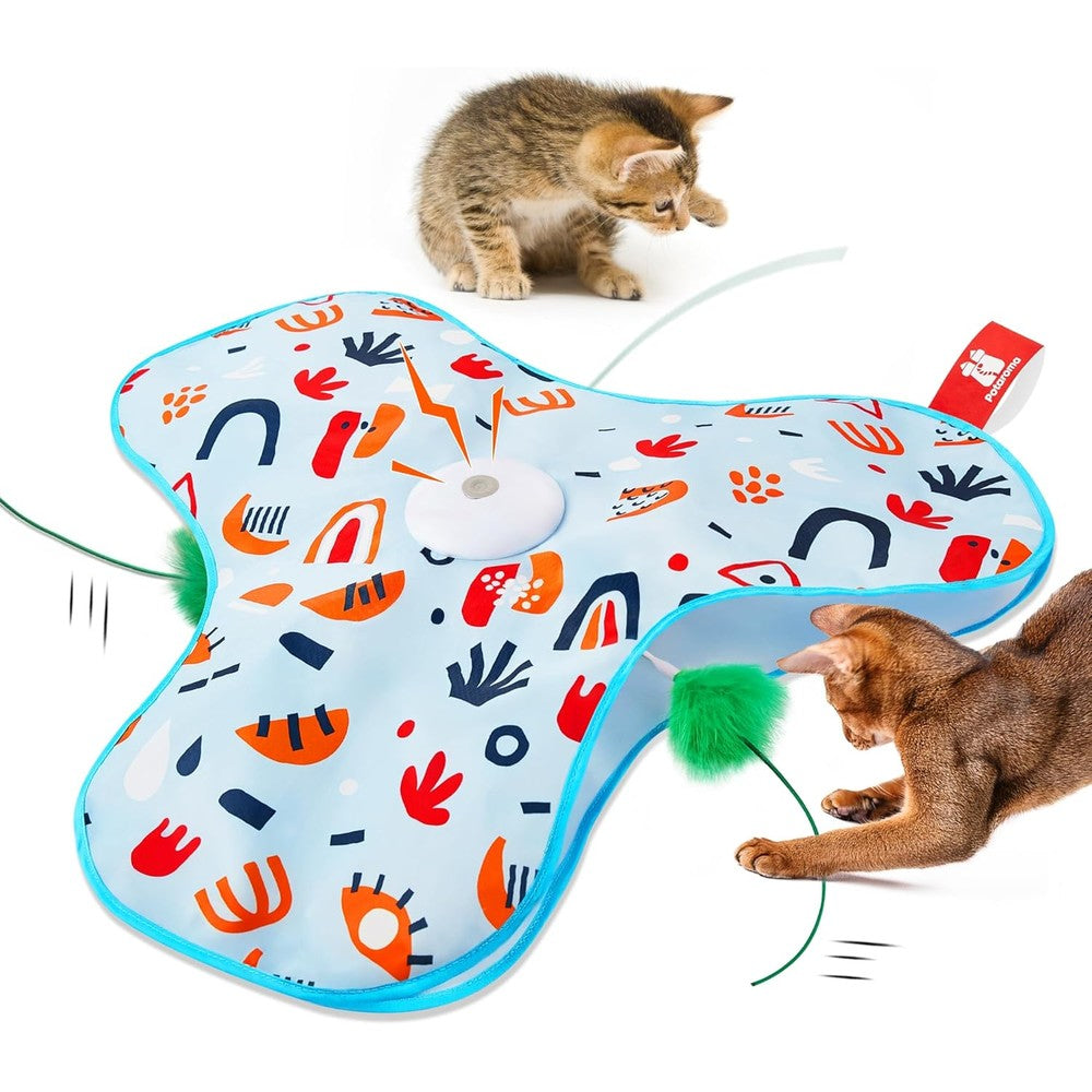 Potaroma Hide and Seek Interactive Cat Toy front view showcasing the floral cover and moving feather.