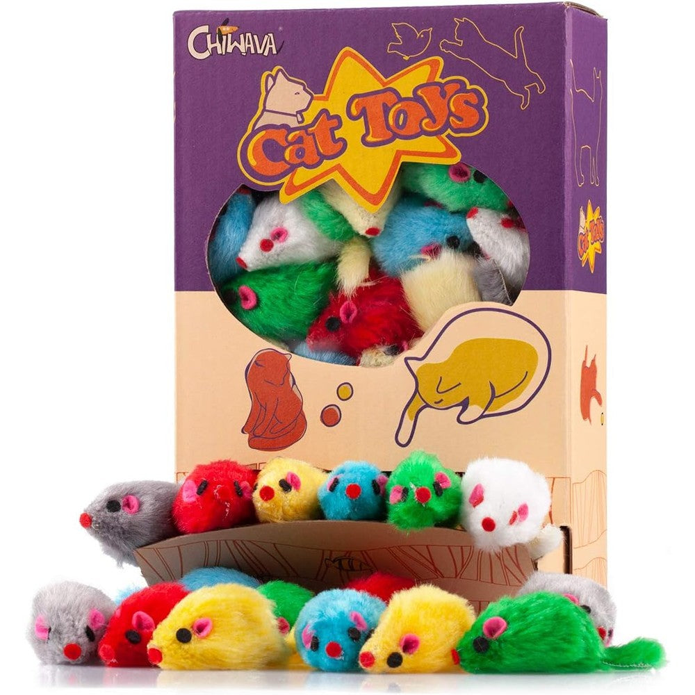 Chiwava 36 piece furry cat toy mice front view