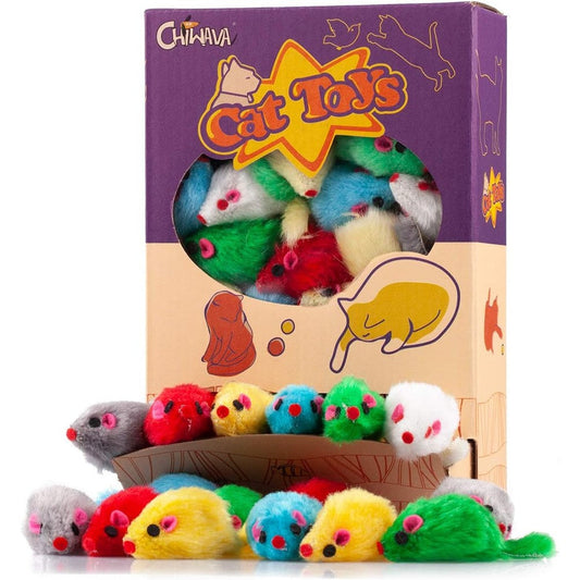 Chiwava 36 piece furry cat toy mice box front view with assorted colorful toys