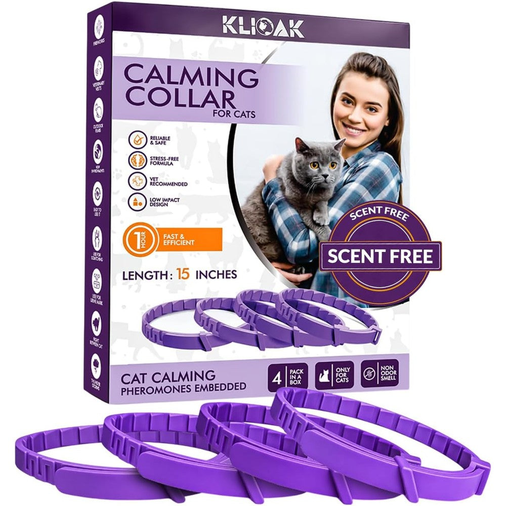 Klioak cat calming collar four pack front packaging view with pet stress relief details.