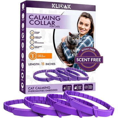 Klioak cat calming collar four pack front packaging view with pet stress relief details.