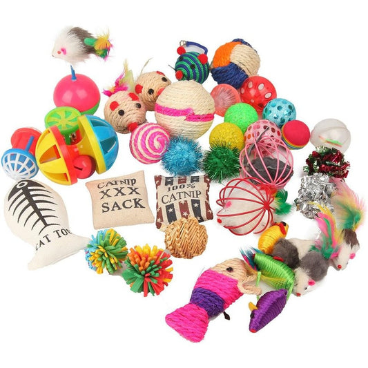 Fashion's Talk Cat Toys Variety Pack front view showing twenty assorted colorful pet toys.