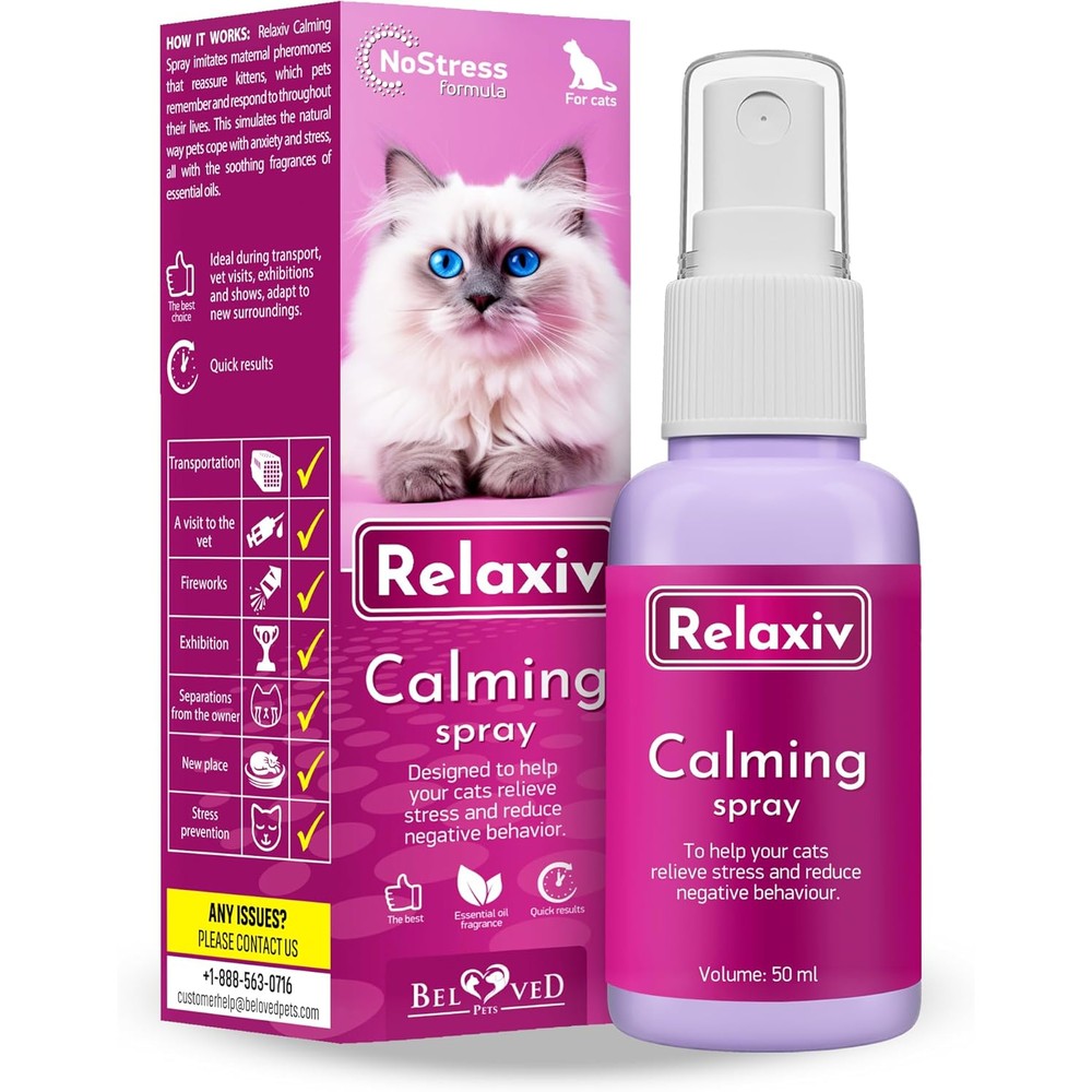 Beloved Pets Relaxivet calming pheromone spray front view for cat anxiety relief