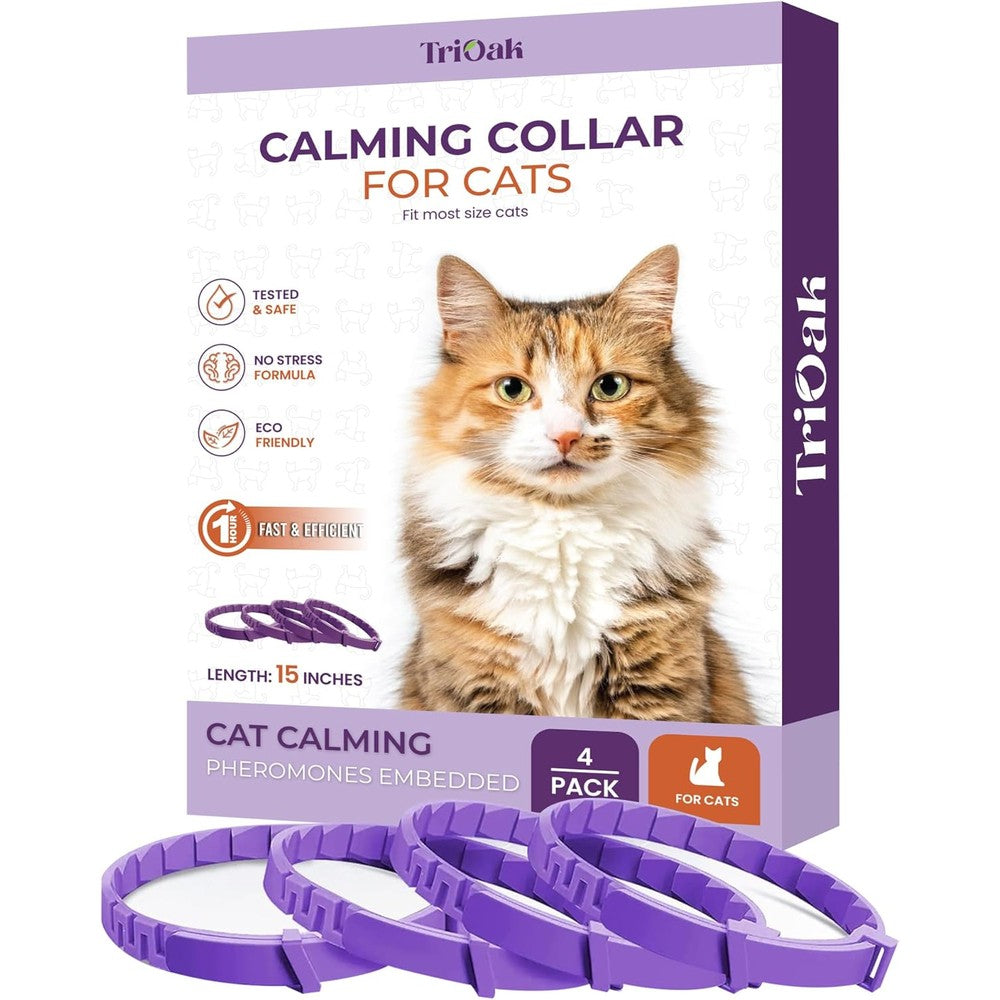 TriOak Pheromone Calming Collar for Cats front view showing the purple collar packaging.
