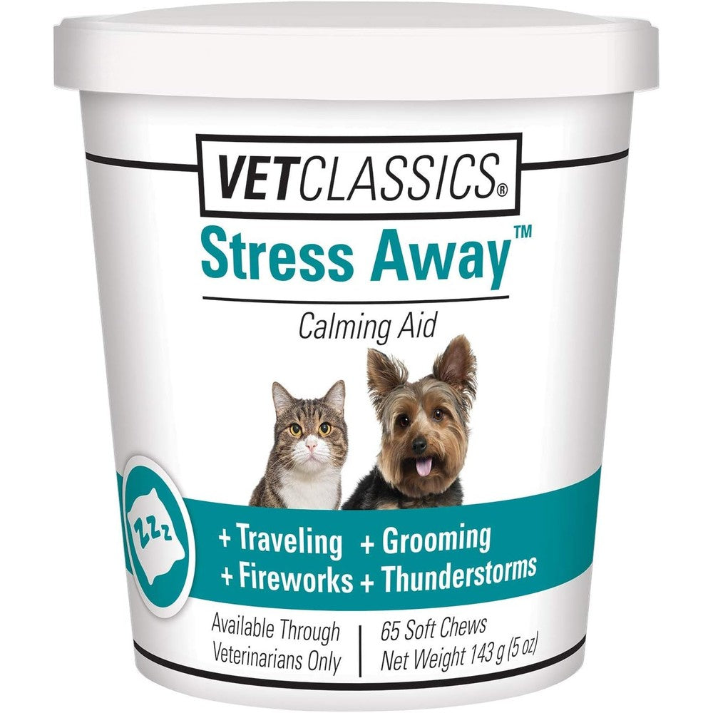 Vet Classics Stress Away calming soft chews front packaging view for dog and cat anxiety relief