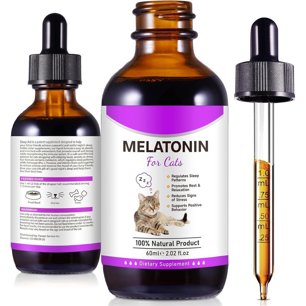 Asusxcli Melatonin for Cats front view showing packaging and dropper bottle