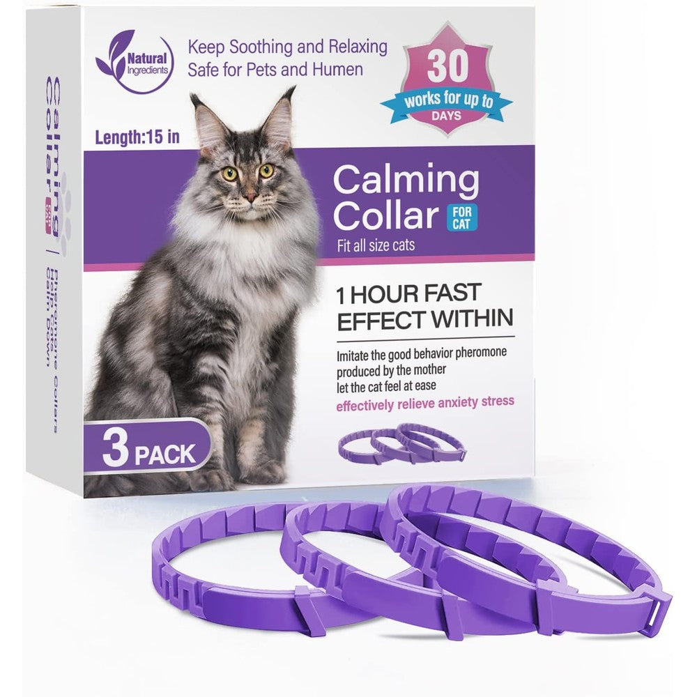 Tcllka calming collar for cats three pack packaging front view showing adjustable purple collars