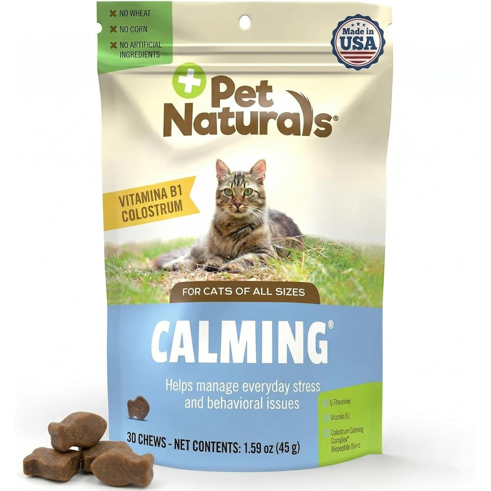 Pet Naturals Calming Chews for Cats front packaging showing 30 chicken flavored chews