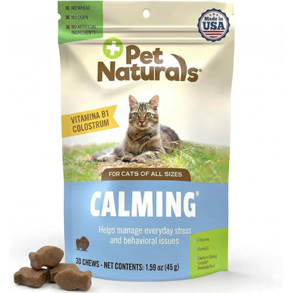 Pet Naturals Calming Chews for Cats front packaging showing 30 chicken flavored chews